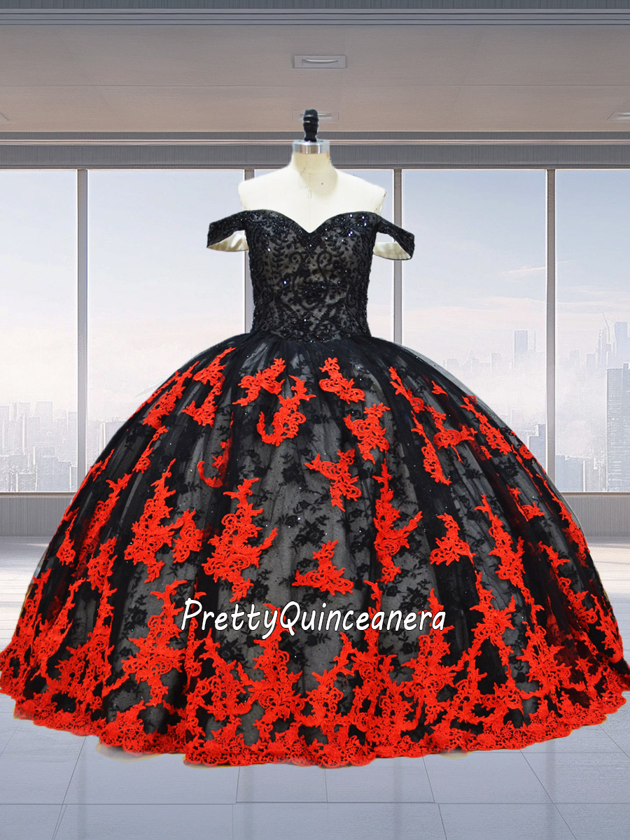 Detachable Off-the-shoulder Straps Beadwork Two-tone Mexican Quince Gown Black Red