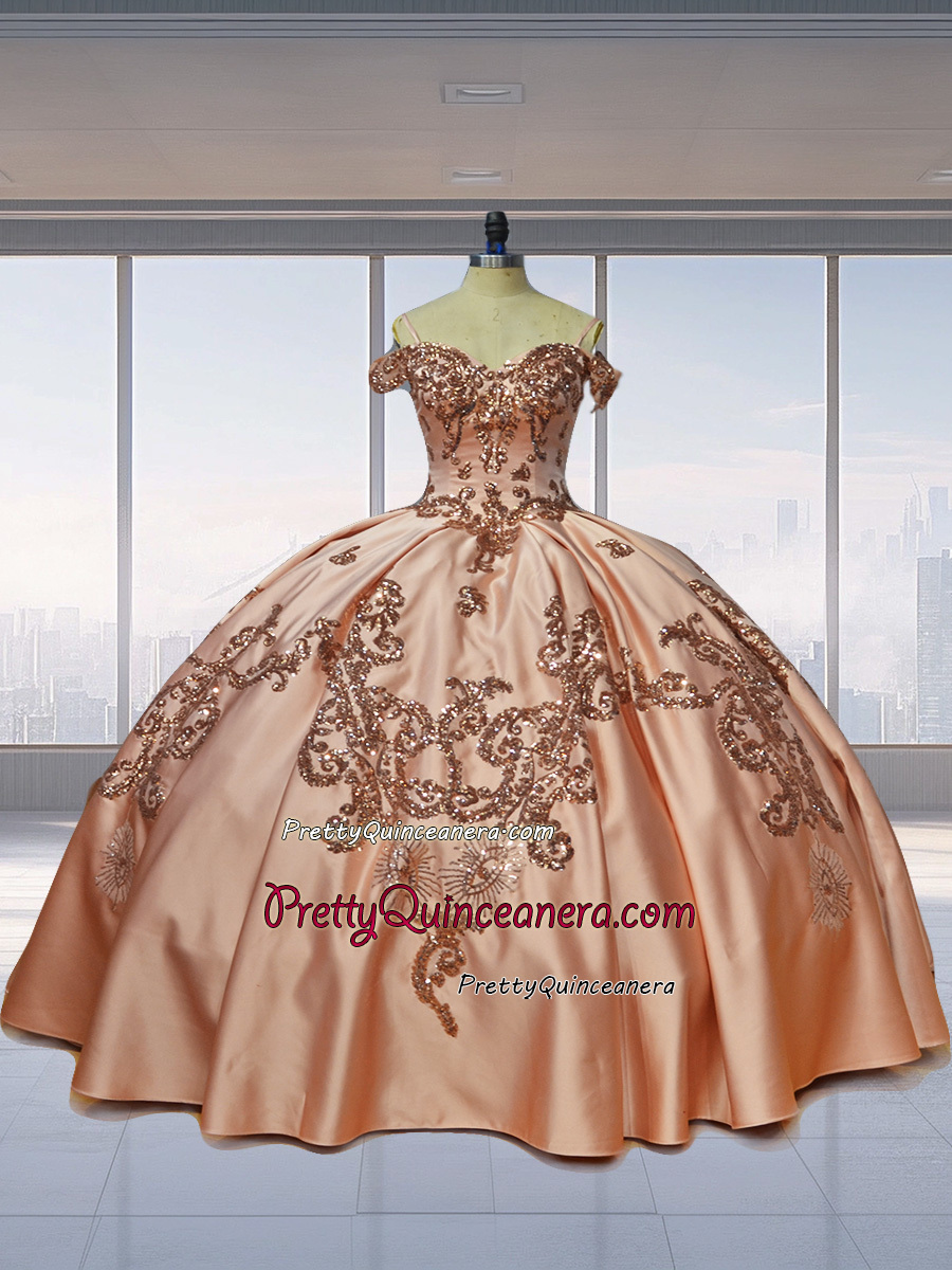 Rose Gold Cold Shoulder Satin Sequined Low V-neckline Quinceanera Dress with Train