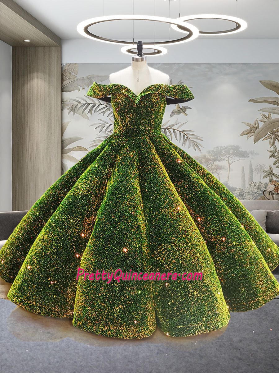 Shinning Illusory Dark Green Sequins Lace Puffy Quinceanera Dress Wholesale