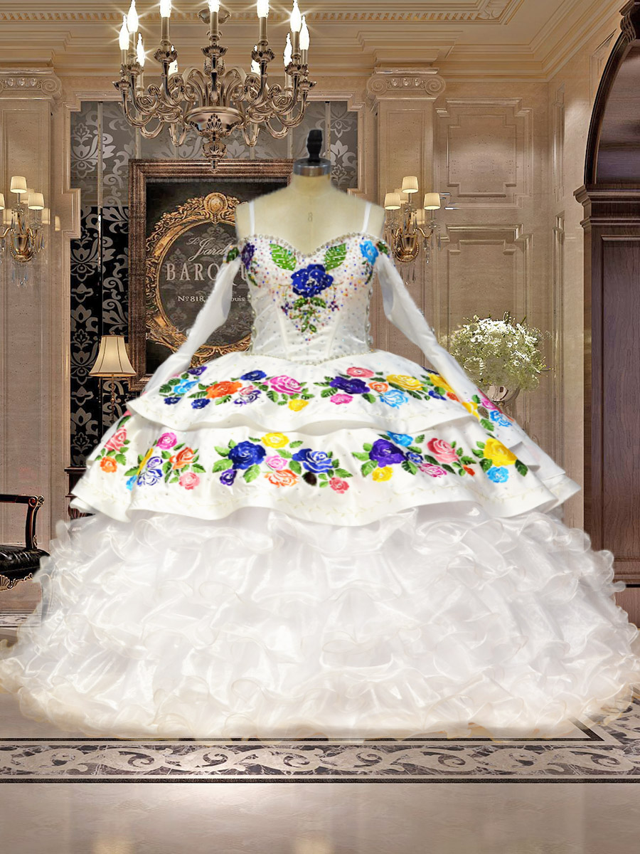 Beautiful Cowgirl Floral Embroidery Long Sleeves Charro Quinceanera Dress with Ruffles