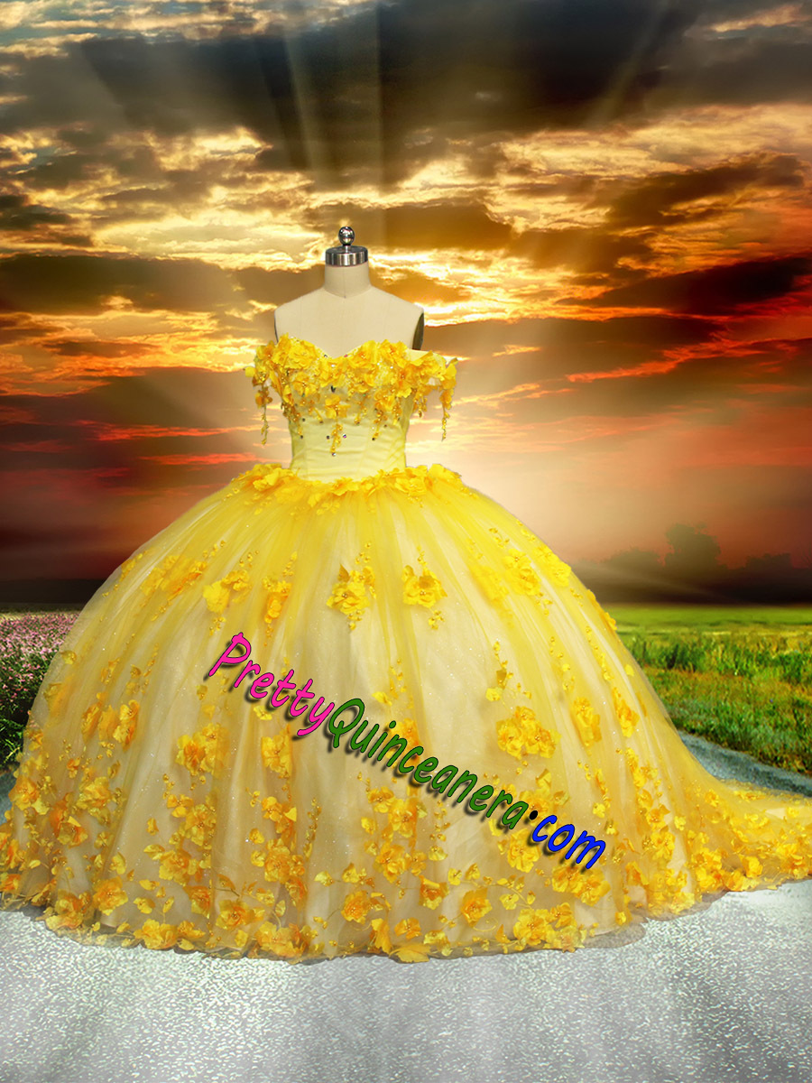 Cinderella Bright Yellow 3D Flowers Lace Off Shoulder Quinceanera Gown Cap Sleeve