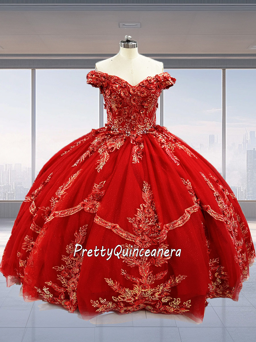 Elegant Red Appliques Gold Sequined 3D Flowers V-neck Quinceanera Dress Bow Back