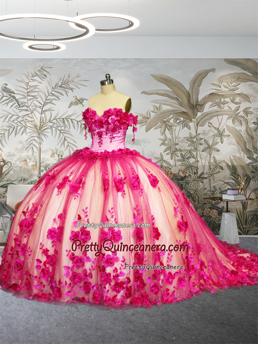 Fuchsia Champagne Two Tone 3D Floral Quinceanera Dress Glitter Tulle Ball Gown