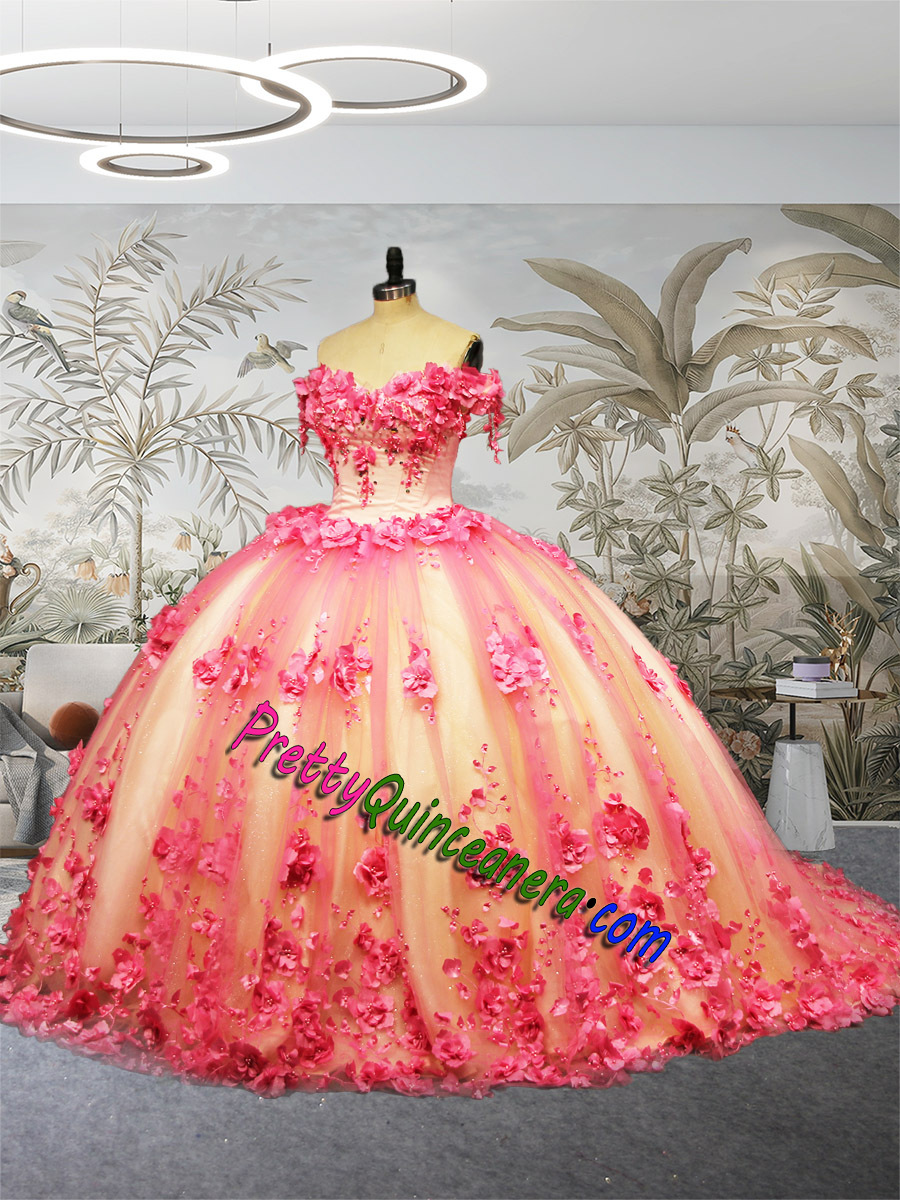 Hot Pink and Champagne Two Tone 3D Floral Lace Crystal Beaded Quince Dress Glitter Tulle