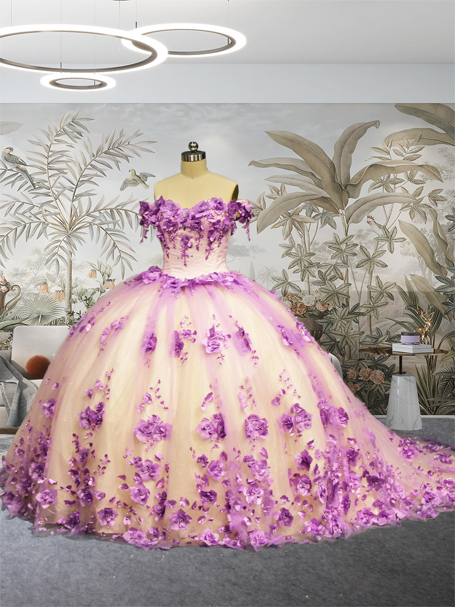 Lavender Full 3D Floral Lace Over Glitter Tulle 2-tone Quinceanera Ball Gown