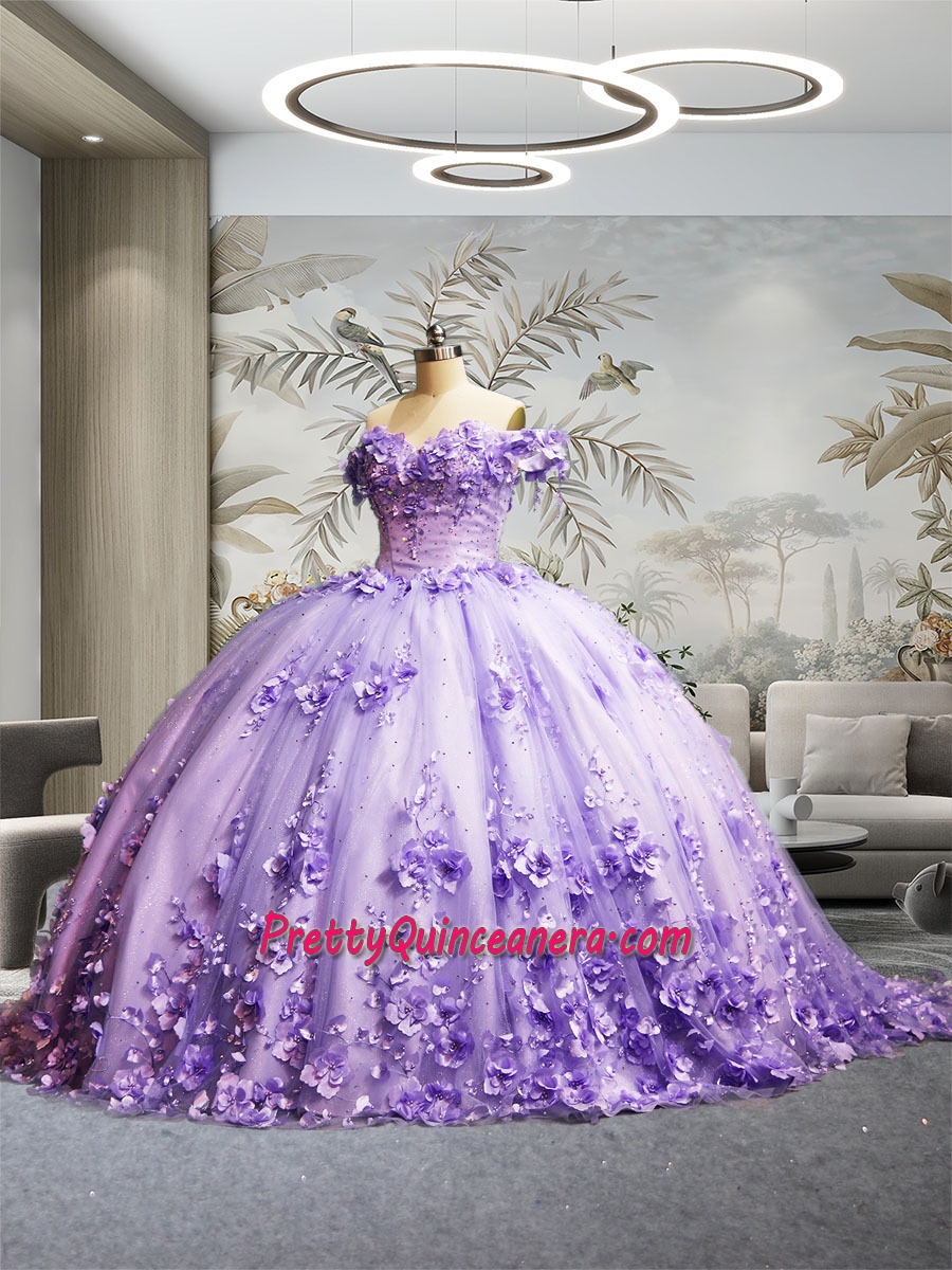 Lilac 3D Flowers Lace Hot Fix Rhinestone Off Shouler Quince Gown with Chapel Train