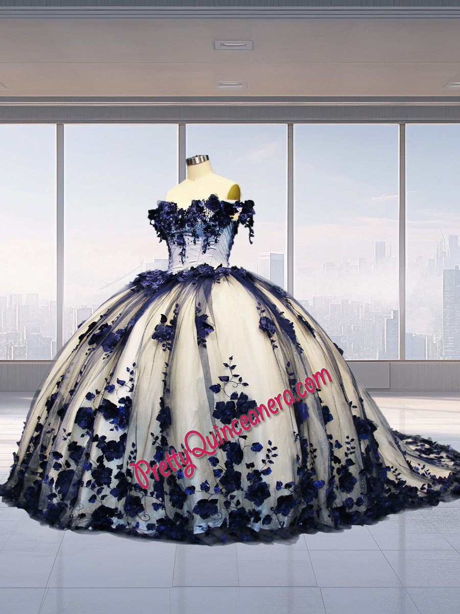 Navy Lace Outside and Champagne Glitter Tulle Inside Floral Quinceanera Dress Customize