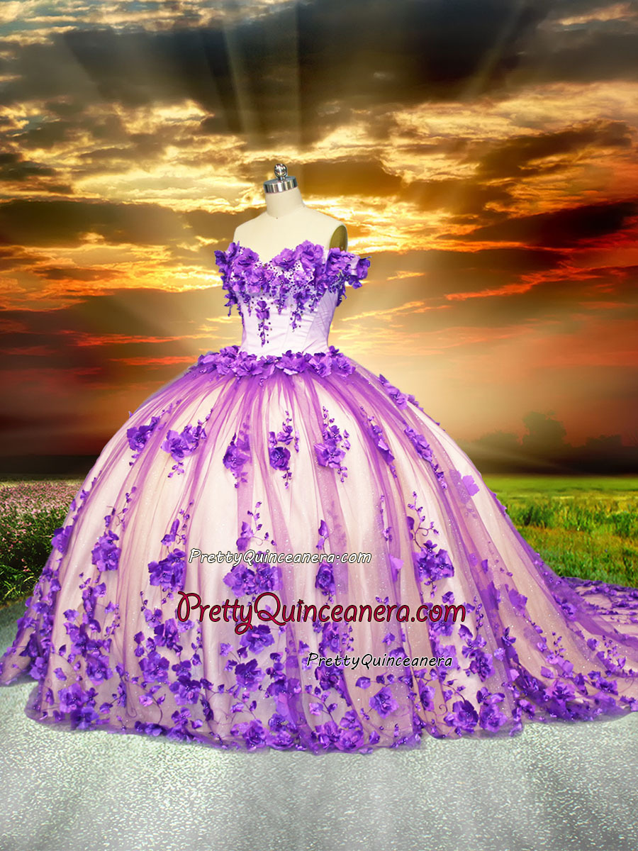 Purple and Champagne Floral Off Shoulder Long Train Quince Dress Lace Up Back