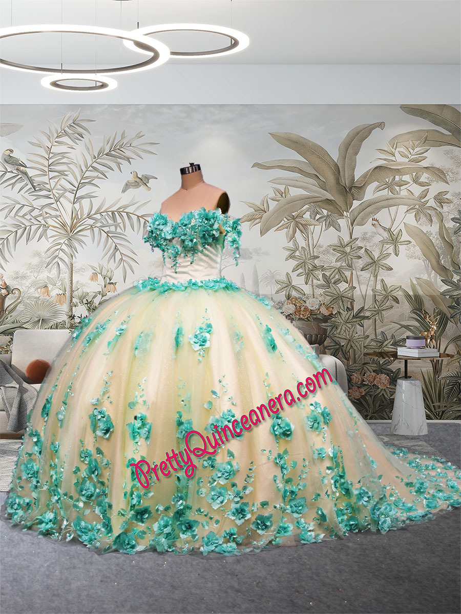 Unique Mint Green 3D Flower Lace Chaple Train Puffy Quince Dress Wholesale