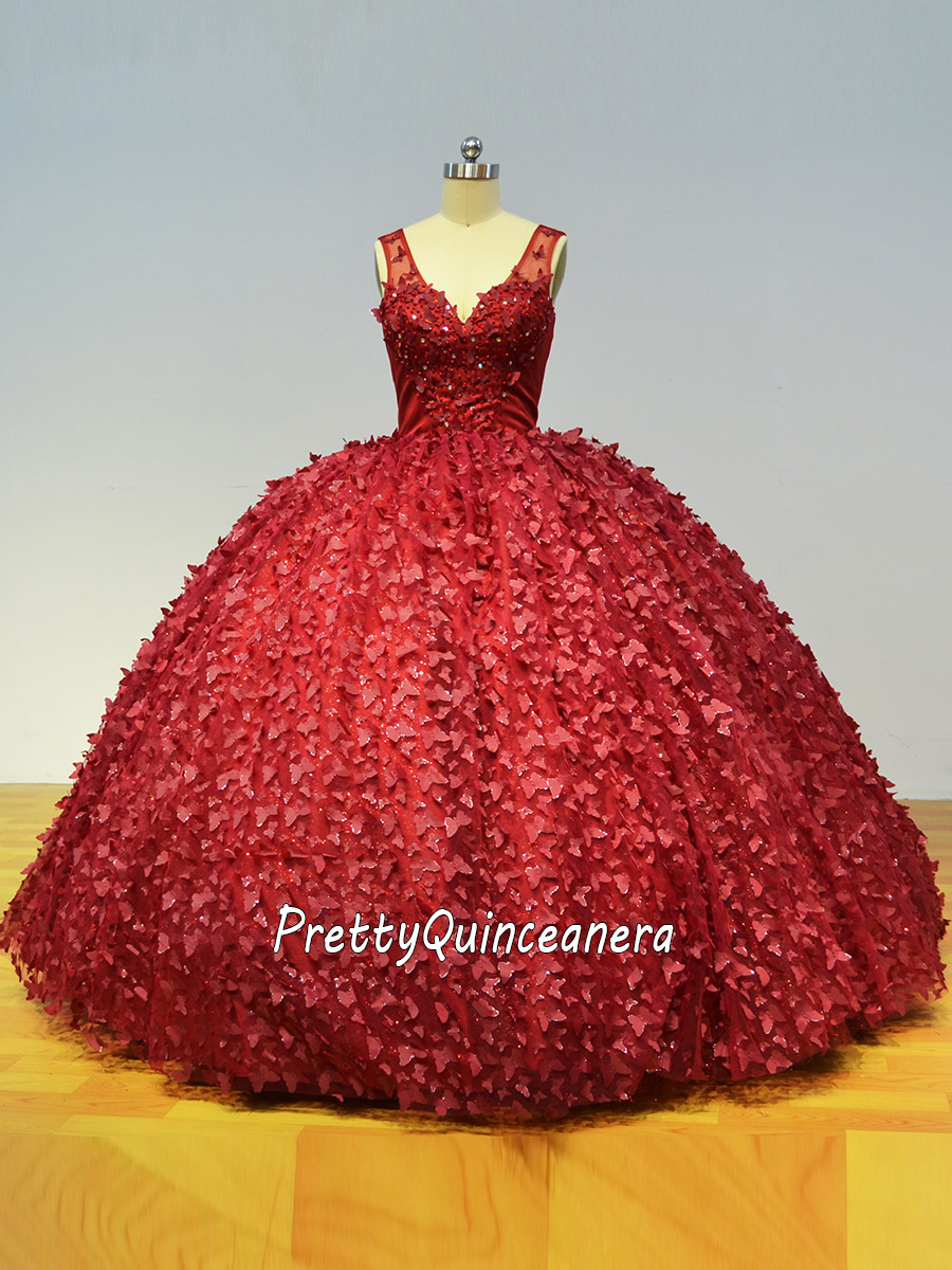 Burgundy V-Neck 3D Butterfly Lace Up Closure Quinceanera Gown without Train