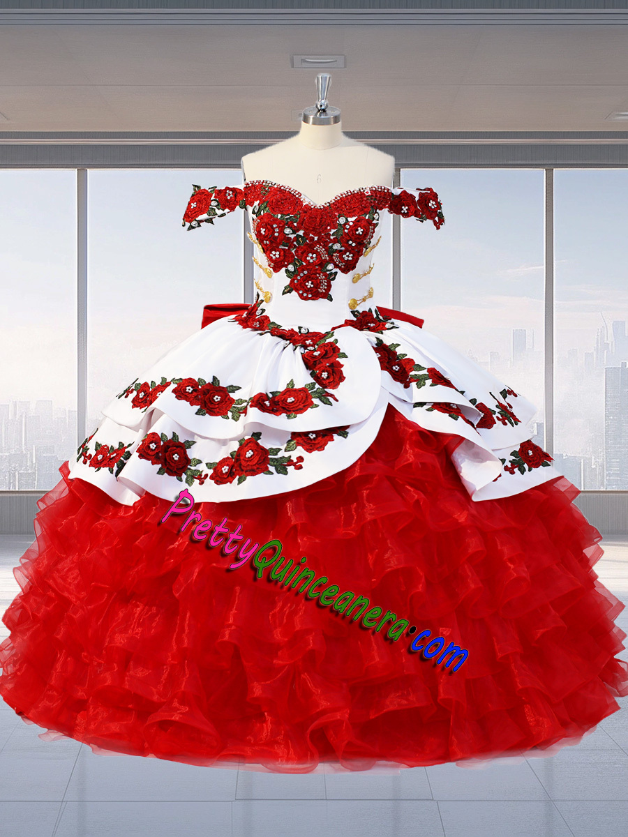 Cowgirl White Red Mexican Metal Buckle Rose Floral Ruffles Quinceanera Dress Bow Back