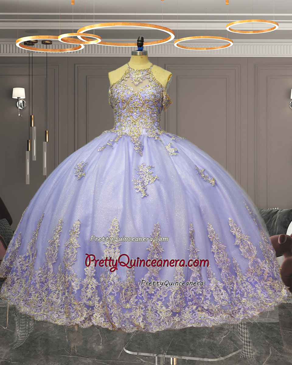 Customize Lilac Halter Neckline Off Shoulder Gold Details Quinceanera Dress with Train Back