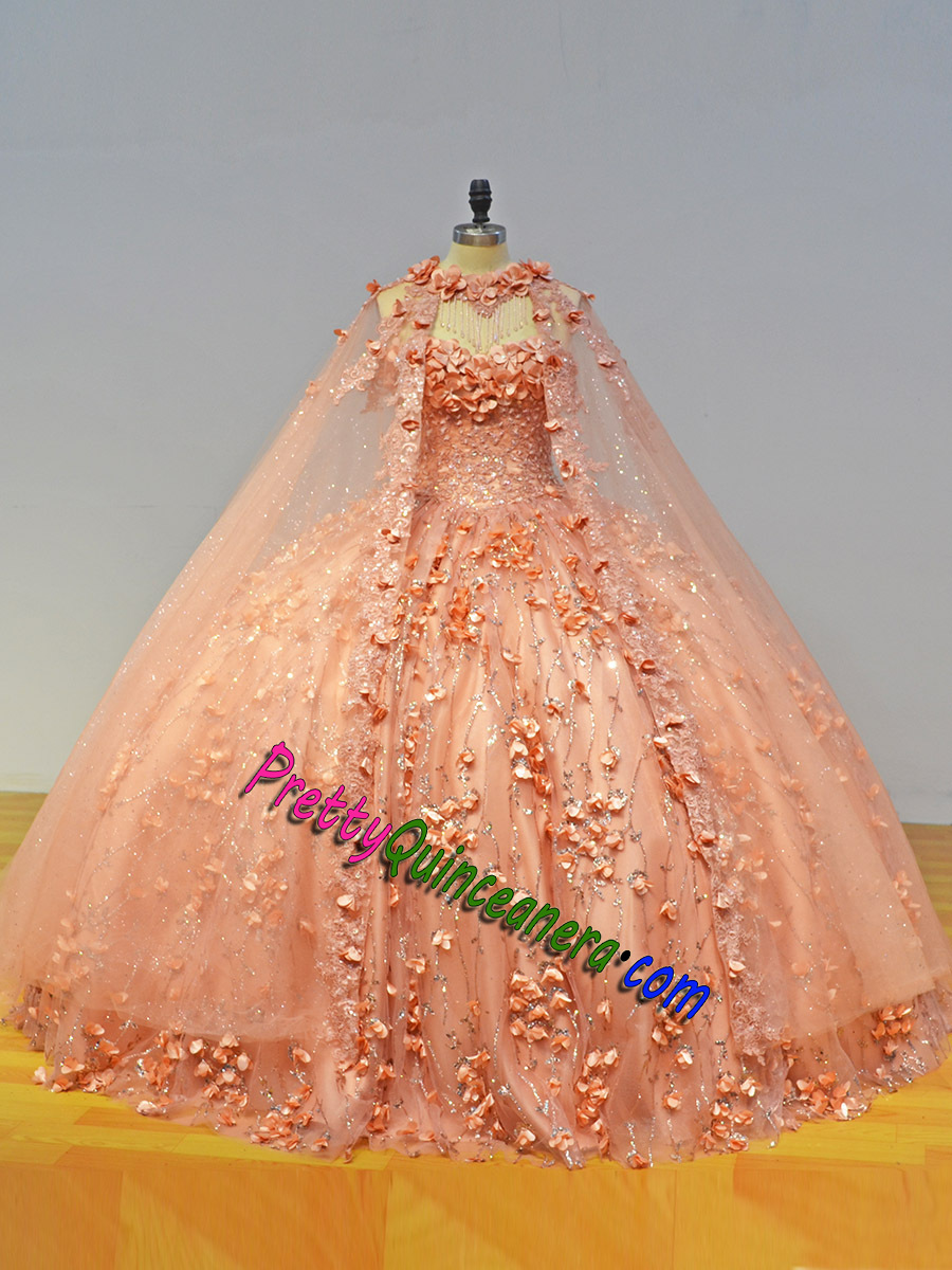 Glitter Tulle Long Cape 3D Flowers Lace-up Closure Quinceanera Dress In Rose Gold