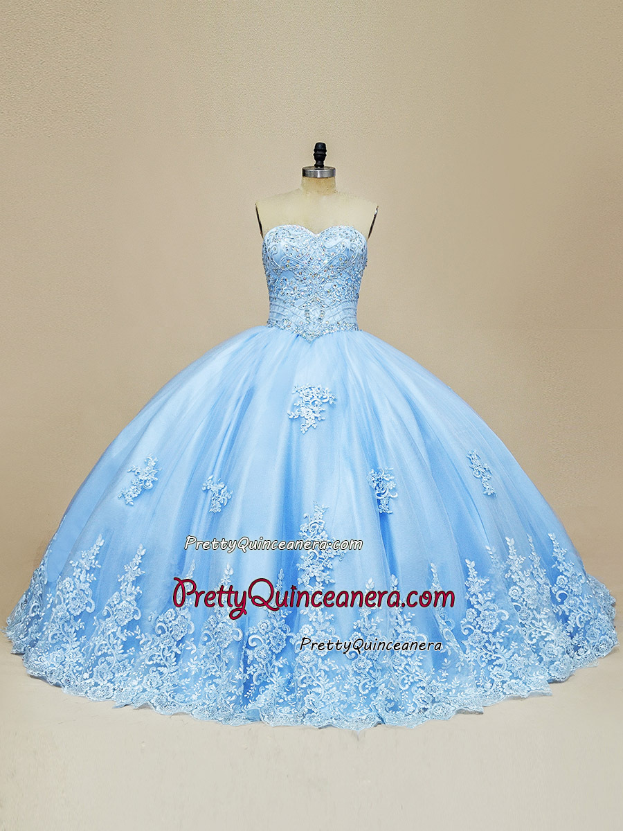 Inexpensive Classical Sweetheart Beaded Corset Light Blue Simple Quinceanera Dress