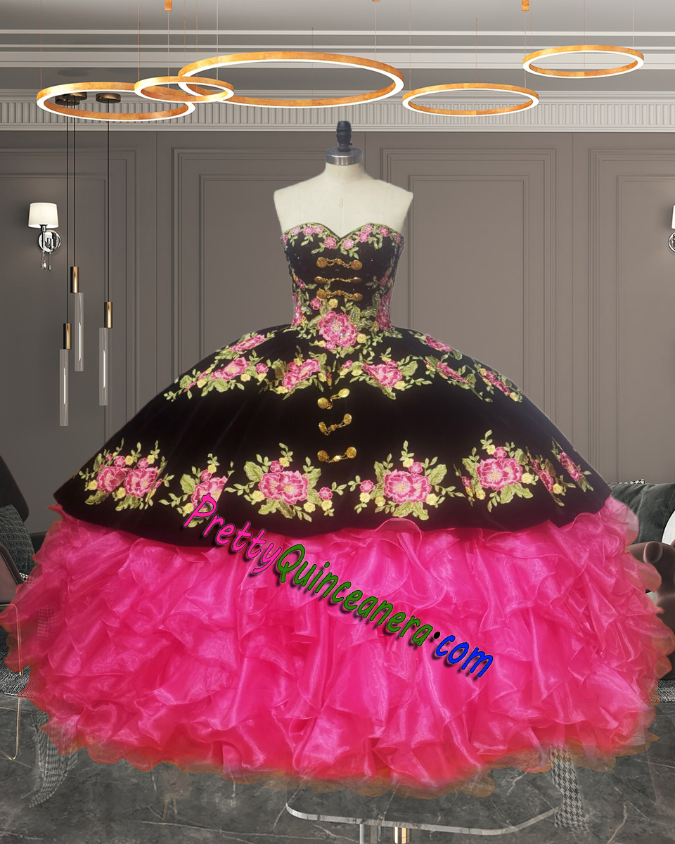 Mexican Style Metal Button Black Velvet Fuchsia Ruffles 2-Layers Quinceanera Dress for Cheap