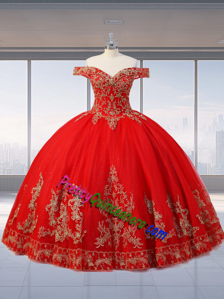 Perfect Red Off Shoulder Gold Embroidery Lace up Closure Quinceanera Dress with Train