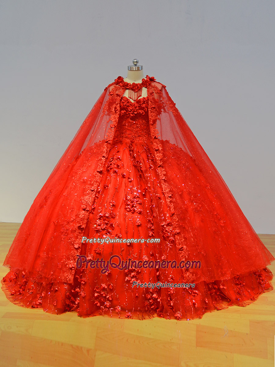 Red Glitter Tulle Matching Cape Full Tulle Skirt Quinceanera Dress 3D Flowers