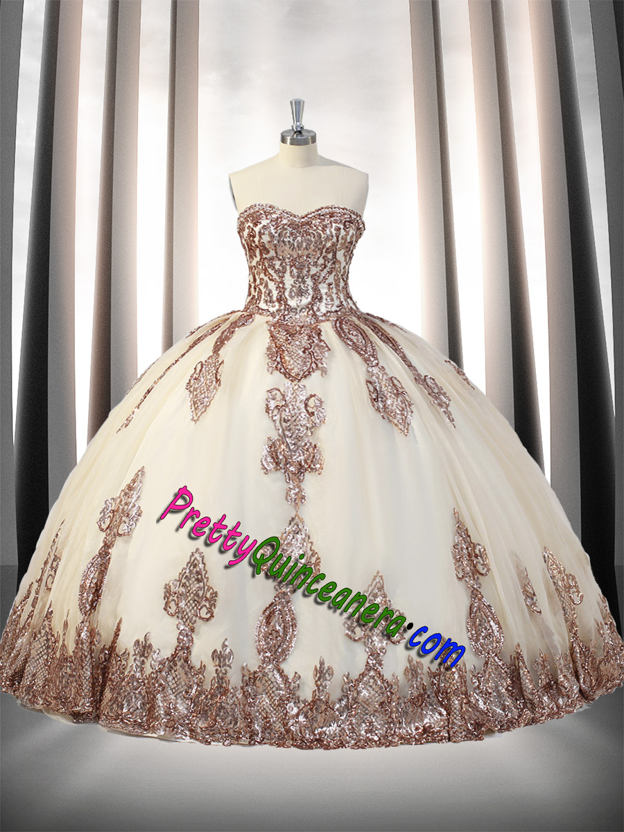 Rhinestone and Crystal Beaded Trim Patterned Sequin Quinceanera Dress Detachable Bell Sleeves