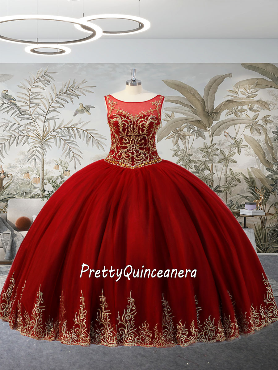 Discount Simple Burgundy Illusion Scoop Neck Floor Length Quinceanera Dress with Gold Embroidery