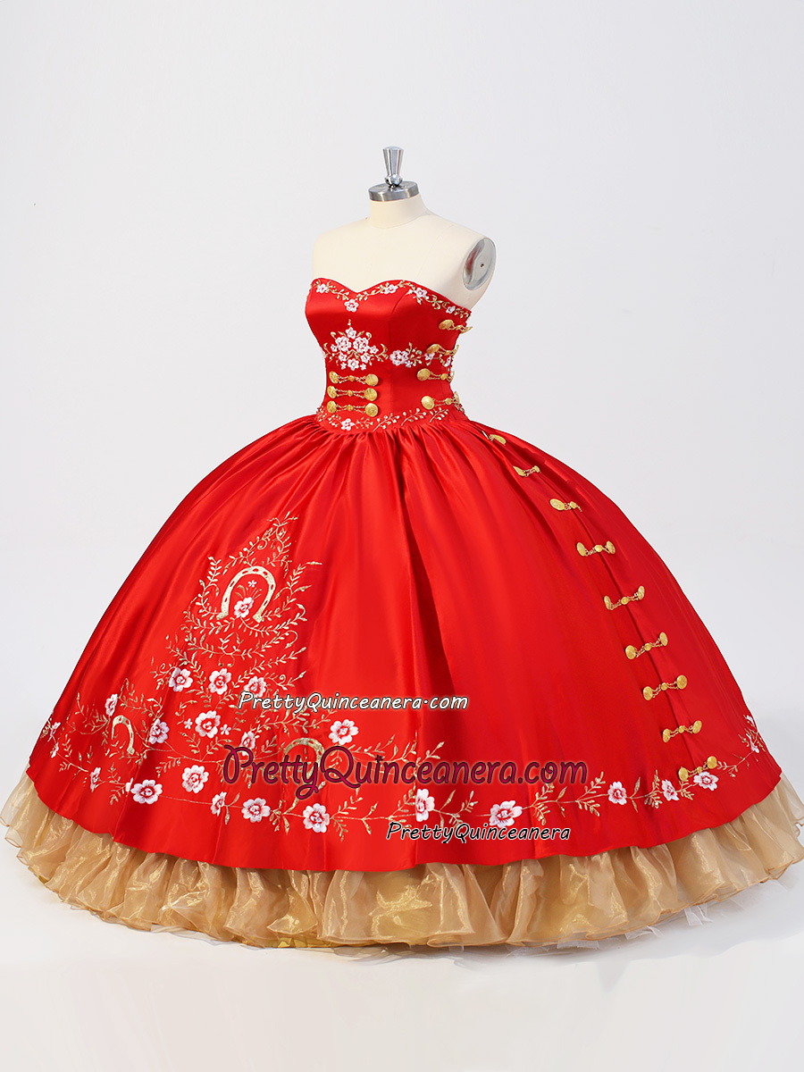 Beautiful Red Gold Floral Embroidery Charo Metal Buttons Quinceanera Dress Sweetheart Floor Length