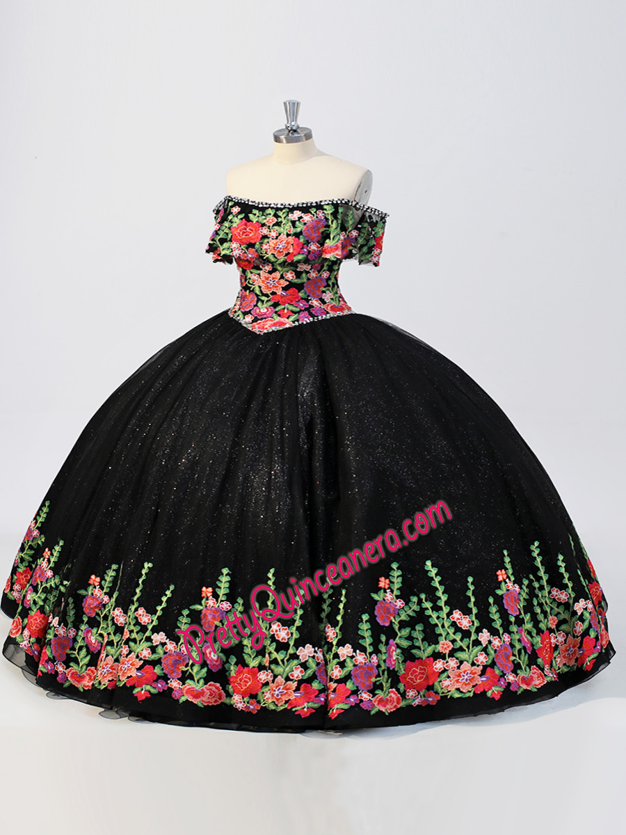 Black Color Glitter Tulle Ruffled Neckline Floral Embroidery Quince Dress Lace-up Closure