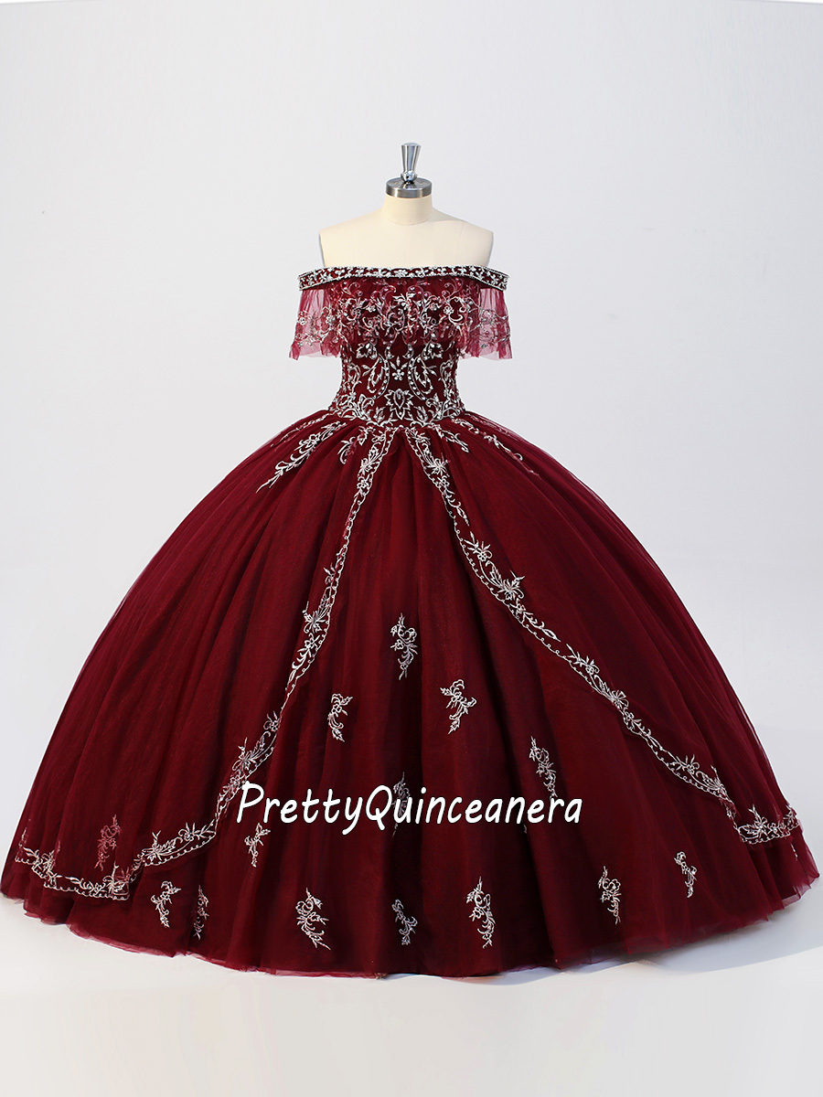 Discount Simple Vintage Off Shoulder Burgundy Quince Dress with Silver Emboridery