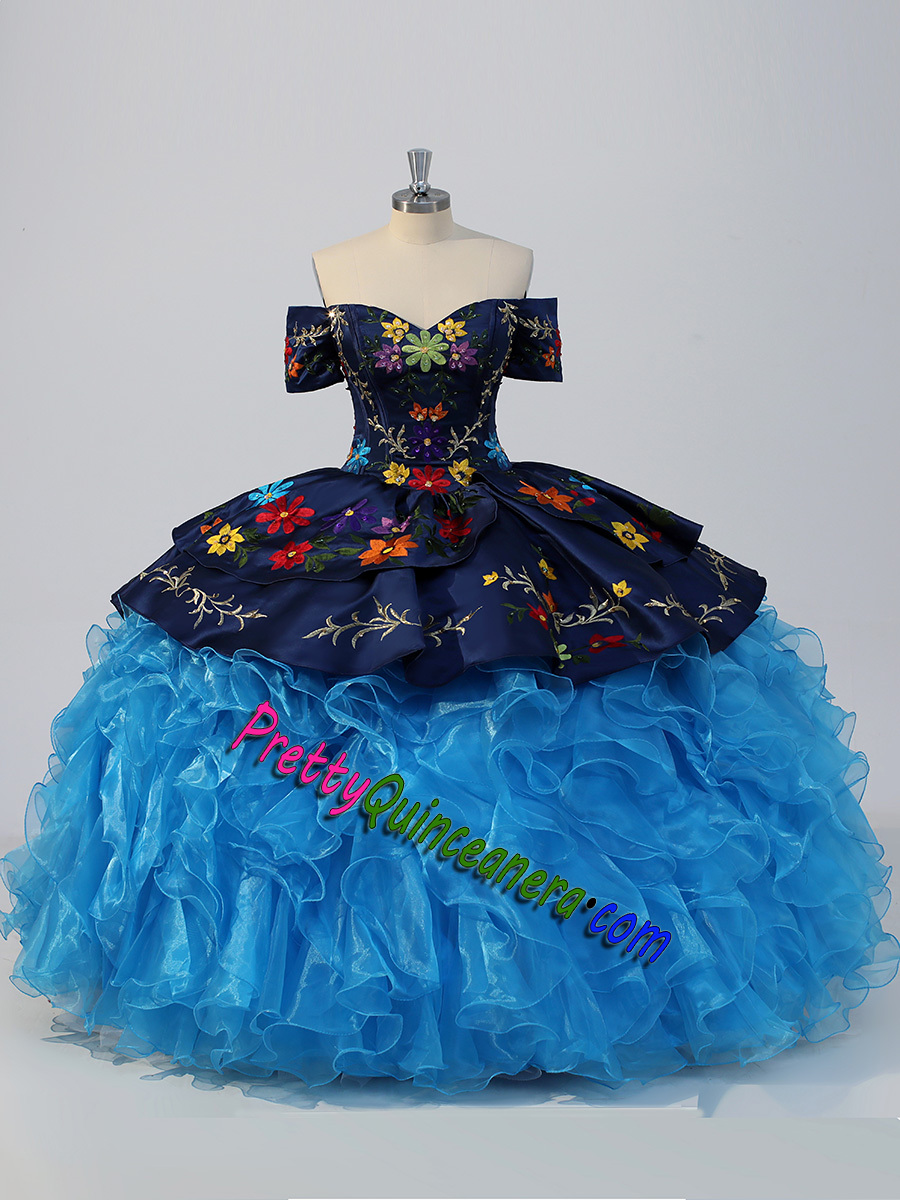 FLoral Embroidered Mexican Navy Satin Cap Sleeve Sky Blue Ruffles Quince Dress Floor Length