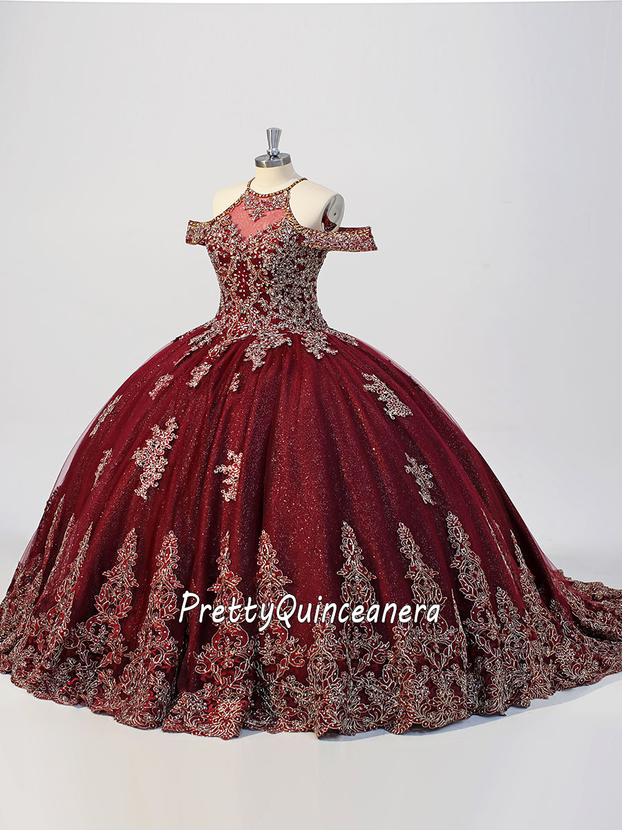 Halter Top Off Shoulder Burgundy Glitter Tulle Quince Gown for Cheap