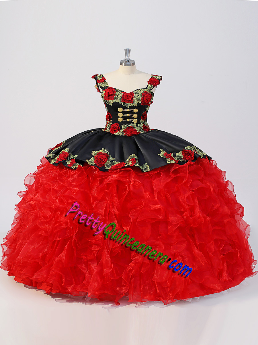 Low Price Black Red Organza Ruffles Charro Metallic Buttons Quince Dress Detachable Straps