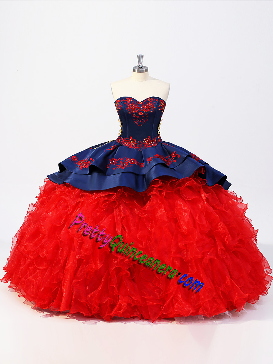 Navy Red Sweetheart Embroidery Metallic Buttons Charo Quinceanera Dress Bow Back