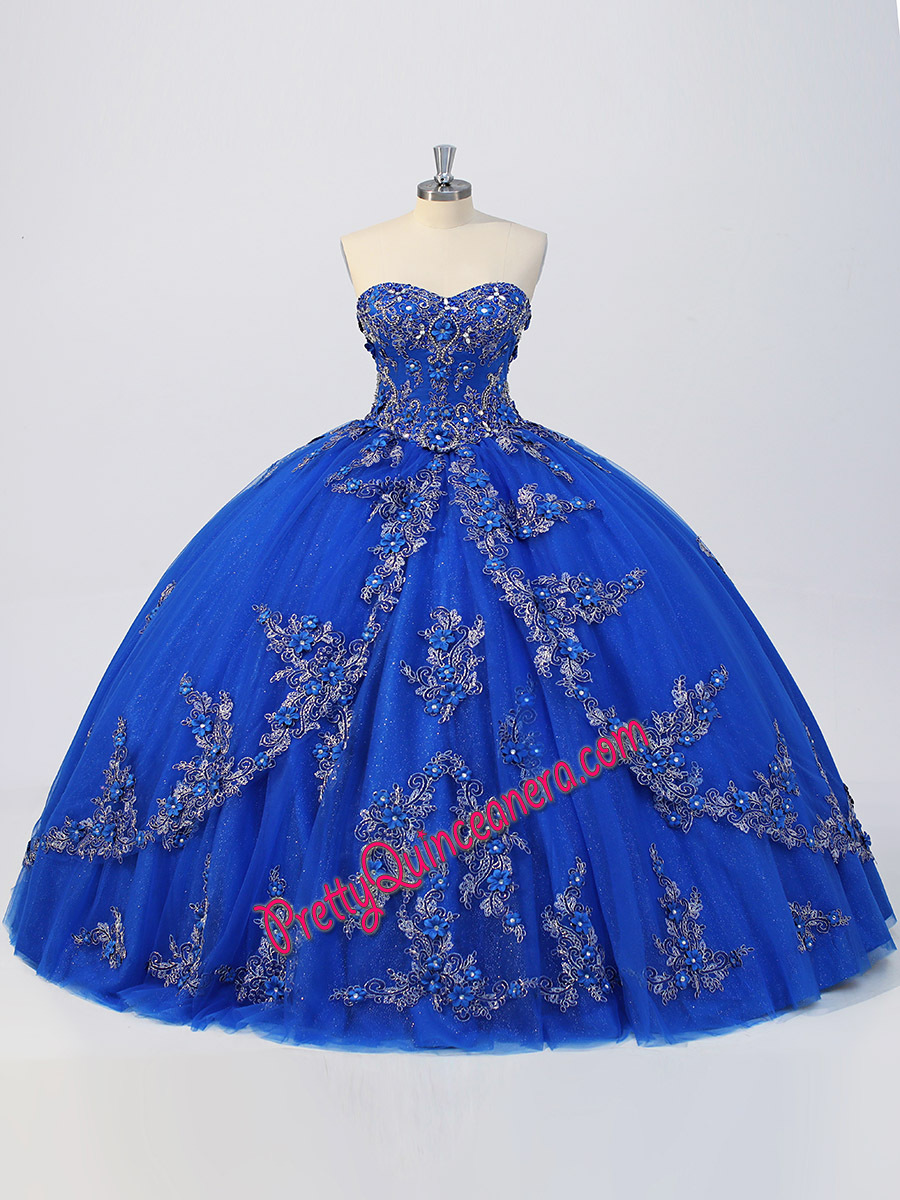 Perfect Royal Blue 3D Flowers Strapless Corset Sweep Train Quince Gown