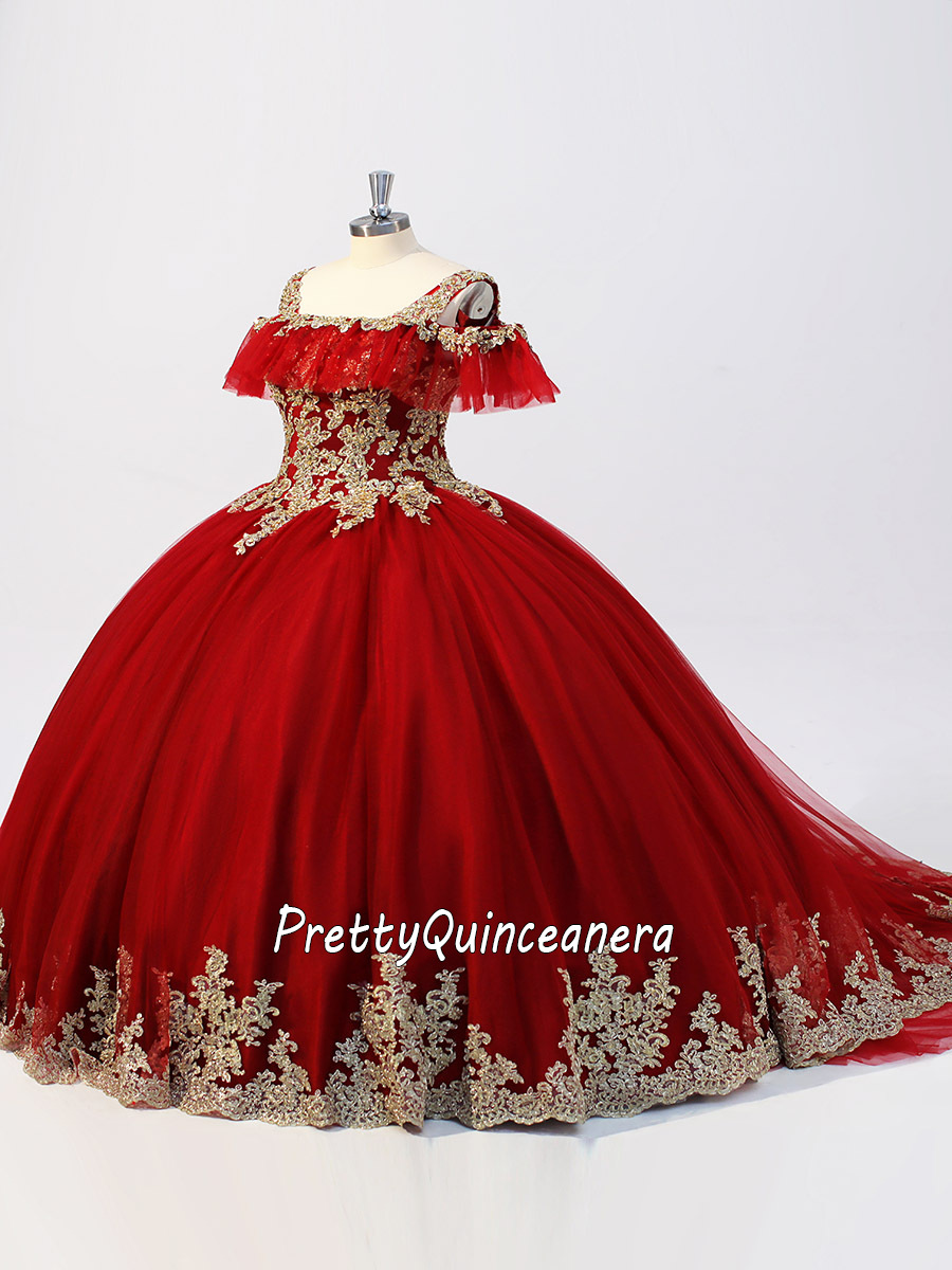 Simple Cheap Wine Red Straps Ruffled Off Shoulder Quinceanera Dress Wholesale