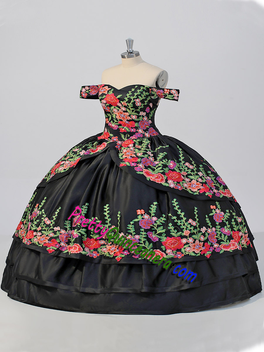 Vintage Black Mexican Multi-color Floral Layered Skirt Quinceanera Dress Charro Sweet 15 16 Dress