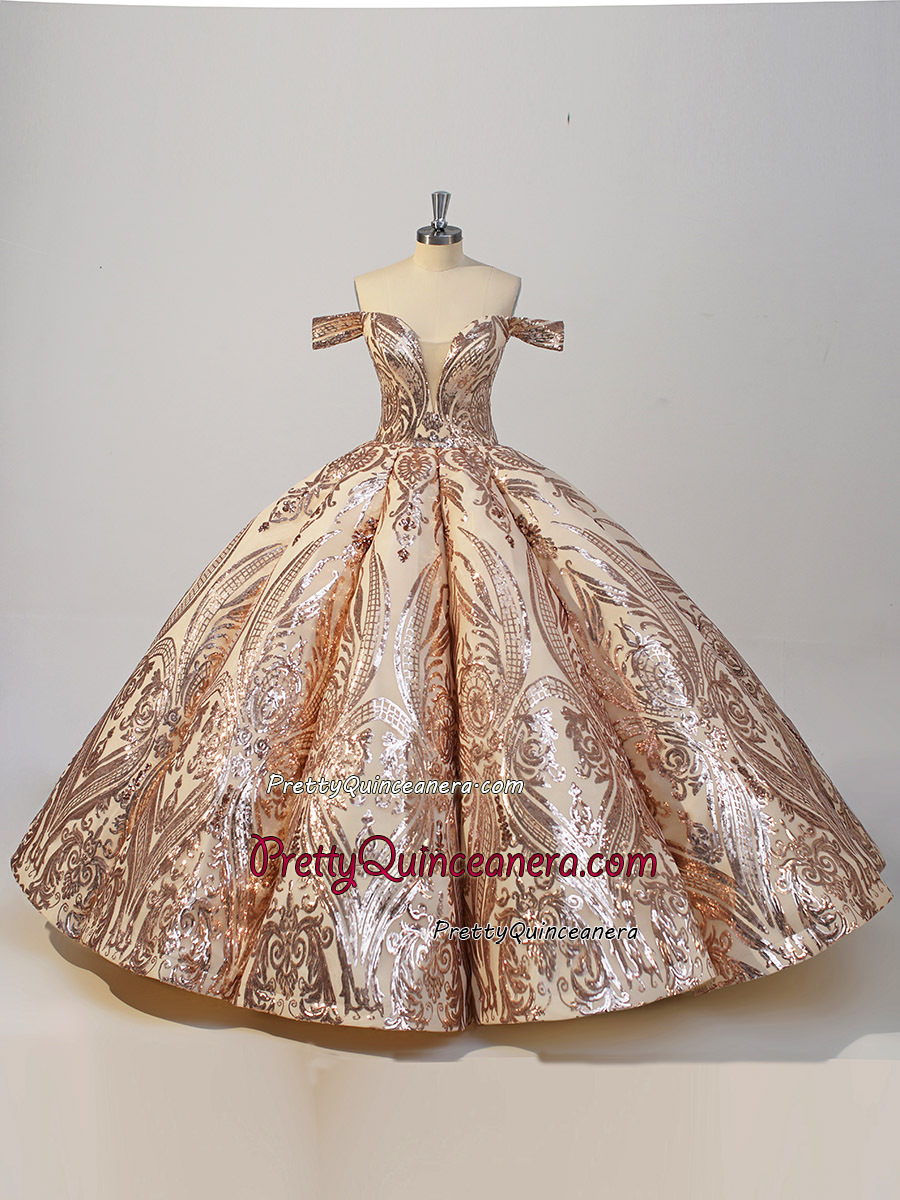 Elegant Rose Gold Sequins Deep-V Neckline Puffy Quinceanera Dress Can Be Custom Made