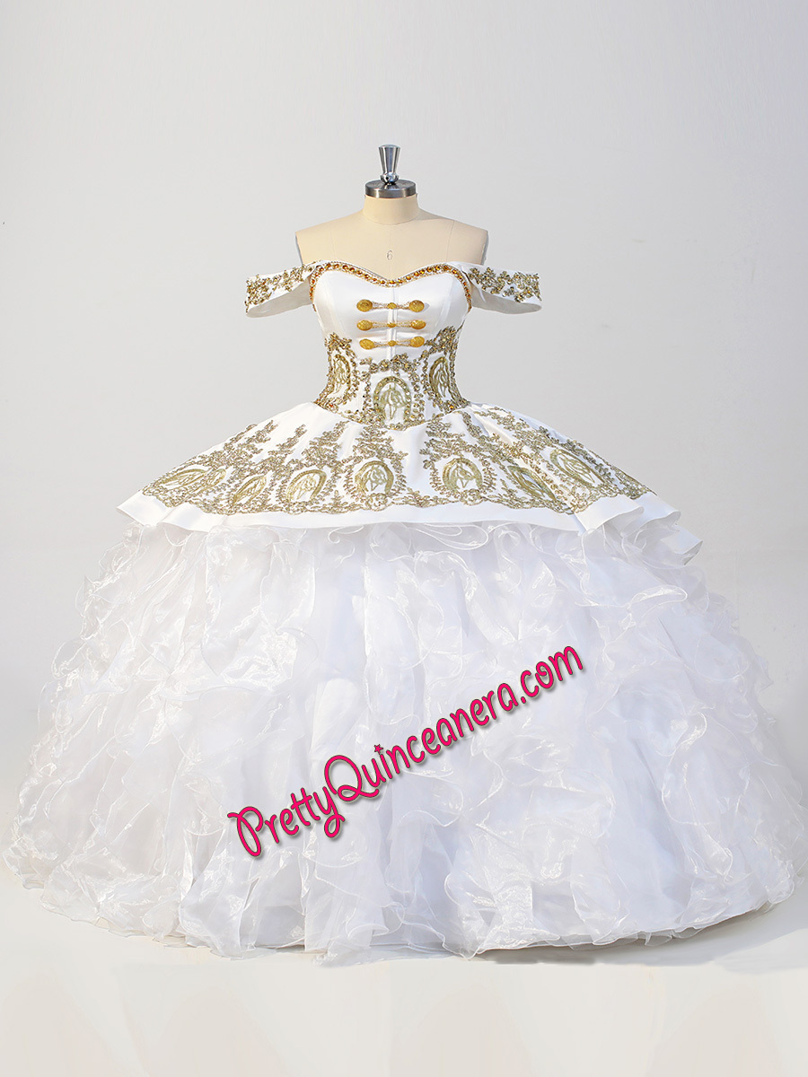 Mexican Horse Head Champagne Gold Charo Buttons Ruffle Quinceanera Gown Sweep Train