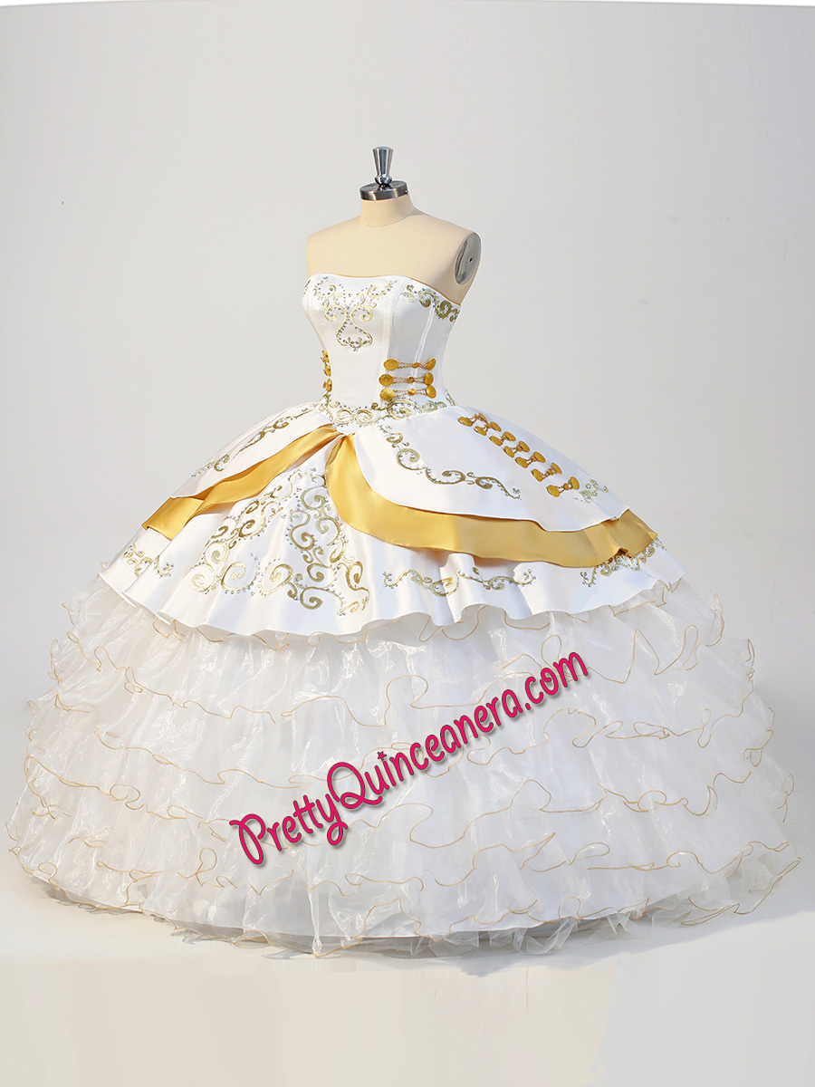 Mexican Two-Tone Swirling Embroidery Metallic Edging Ruffle Quinceanera Dress