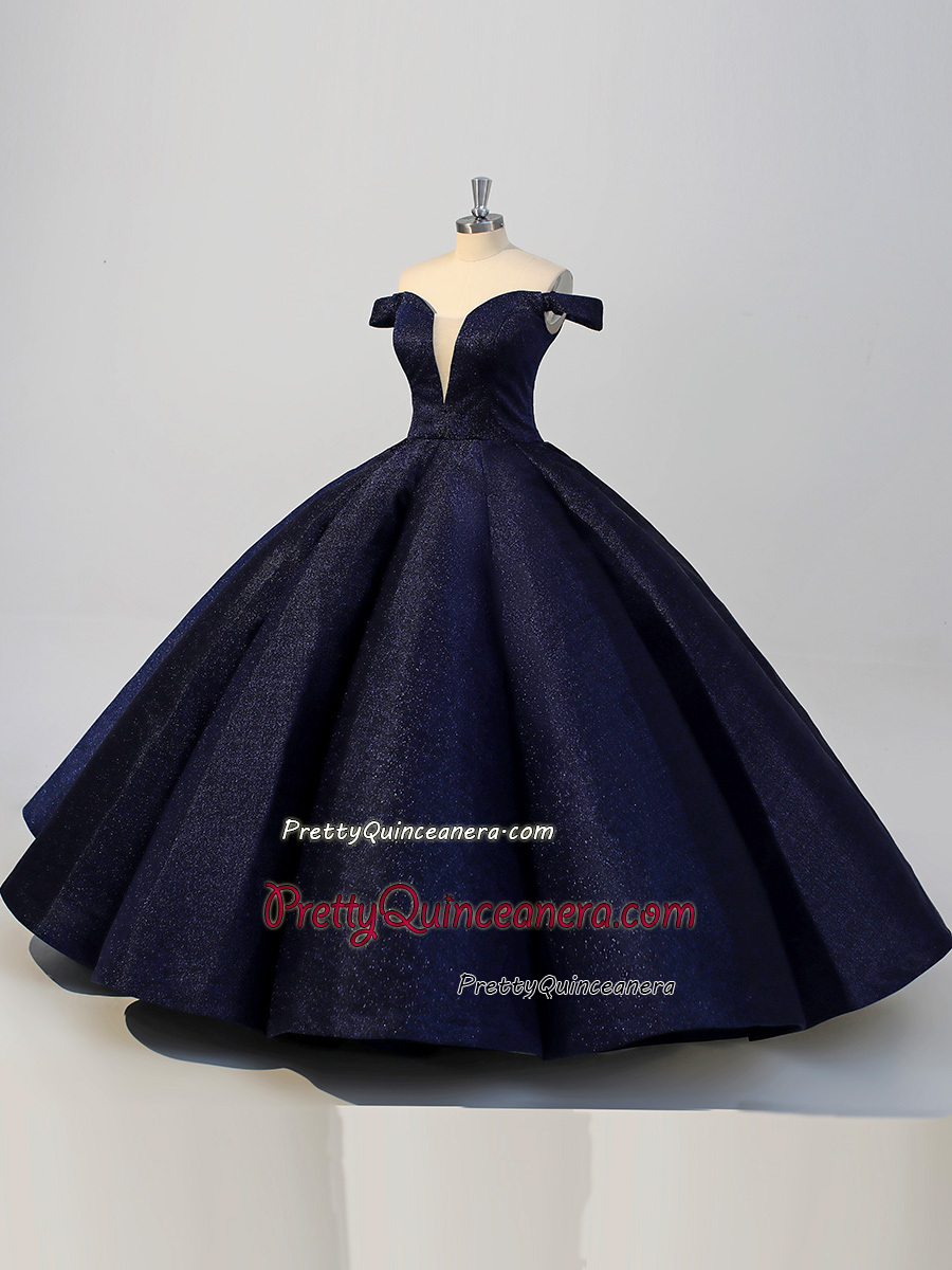 Sparkle Puffy Ball Gown Deep-V Neckline Off Shoulder Quince Dress Navy Blue