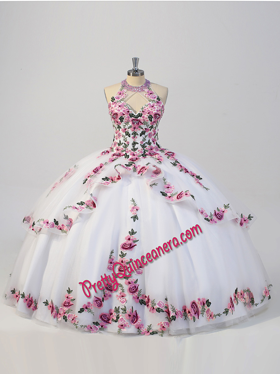 Whimsical Floral Embroidery Halter Neckline Layered Skirt Charo Quinceanera Dress Sweep Train