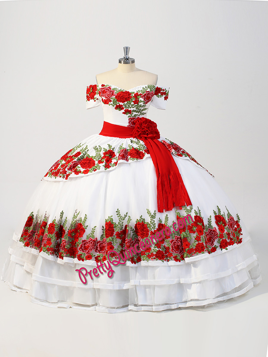 White Velvet Red Floral Embroidery Tiered Skirt Ruffle Quince Gown with Belt