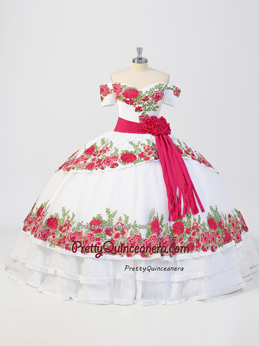 White Fuchsia Velvet Tiered Skirt Off Shoulder Floral Embroidery Quinceanera Gown with Belt