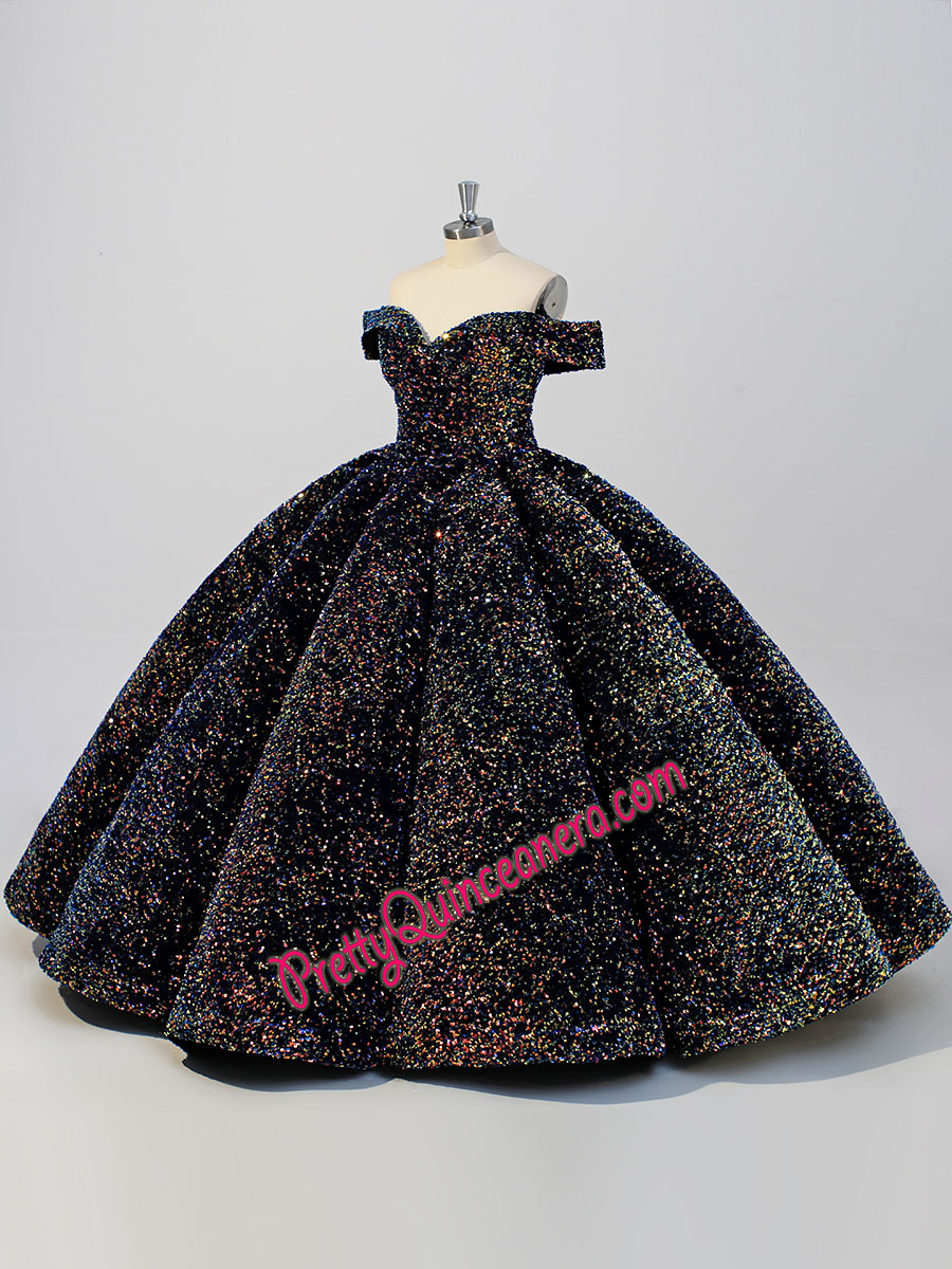 Puffy 3D Skirt Iridescent Glitter Sequined Fabric Quinceanera Gown Off Shoulder Ball Gown