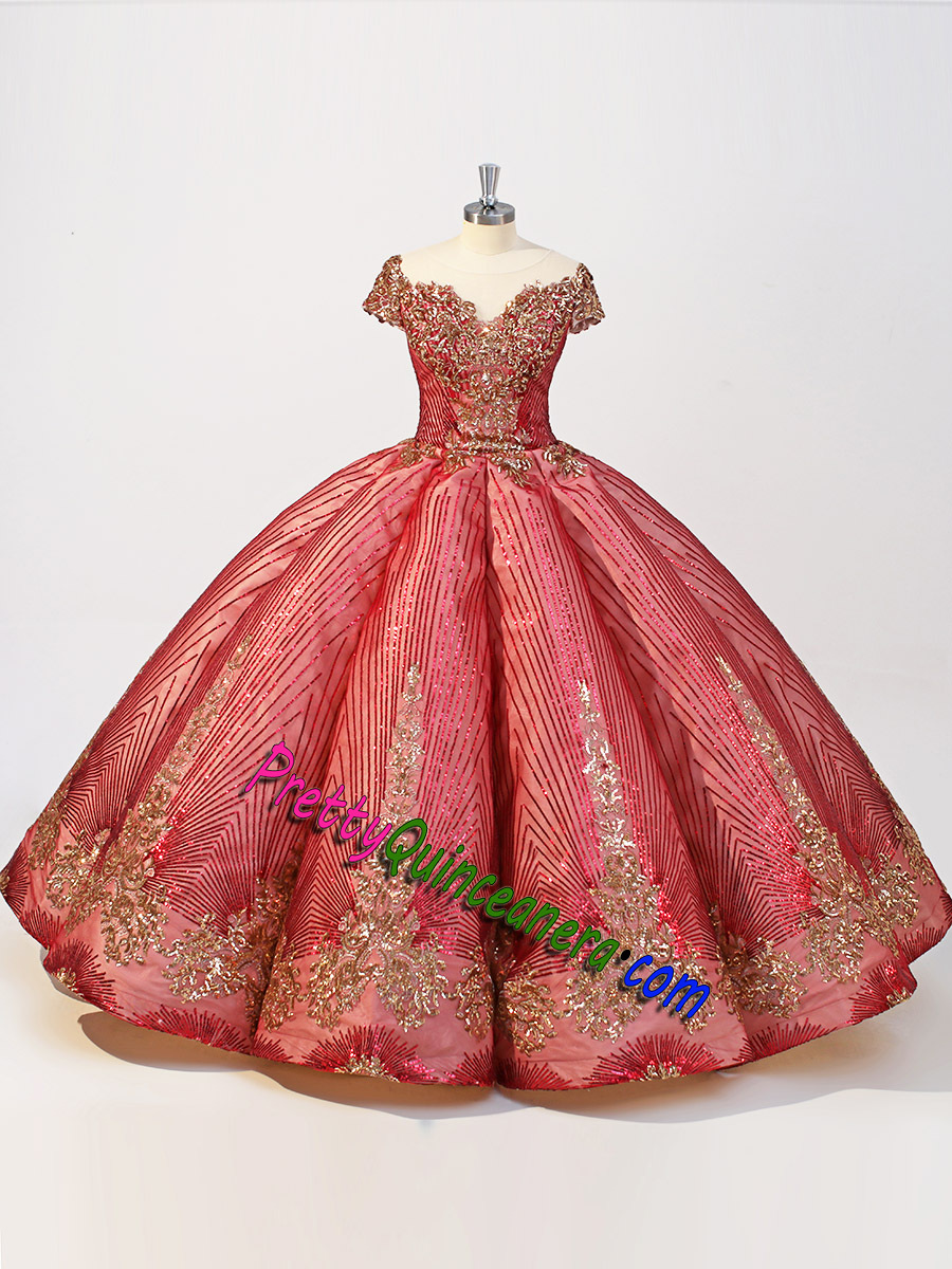 Three-Dimensional Puffy Sequin Skirt Two Tone Quinceanera Dress in Red Gold Off Shoulder Ball Gown