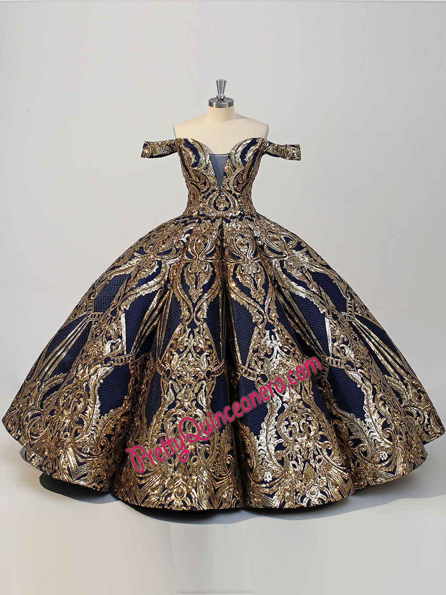 Unique Elegant Navy Big 3D Skirt Gold Sequin Quince Gown Deep-v Neck Custom Tailor