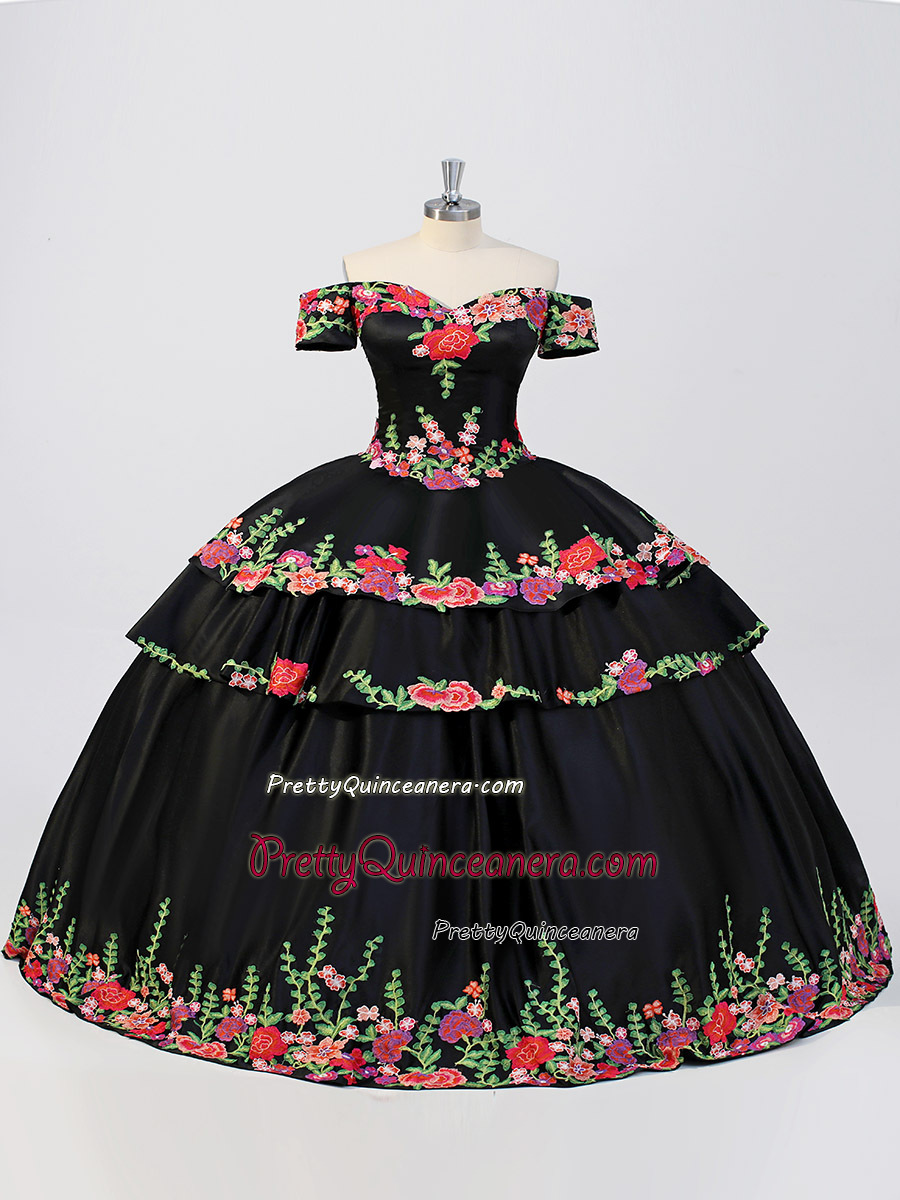 Black sLayers 2-Pieces Removable Skirt Charra Quinceanera Dress Flower Embroidery Lace Up Closure