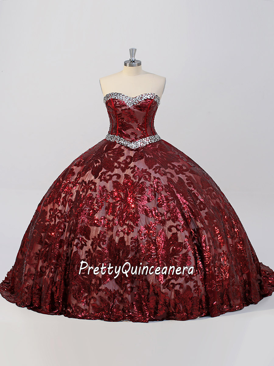 Dark Red Sequin Lace Over A-line Silver Beading Quince Gown for Cheap