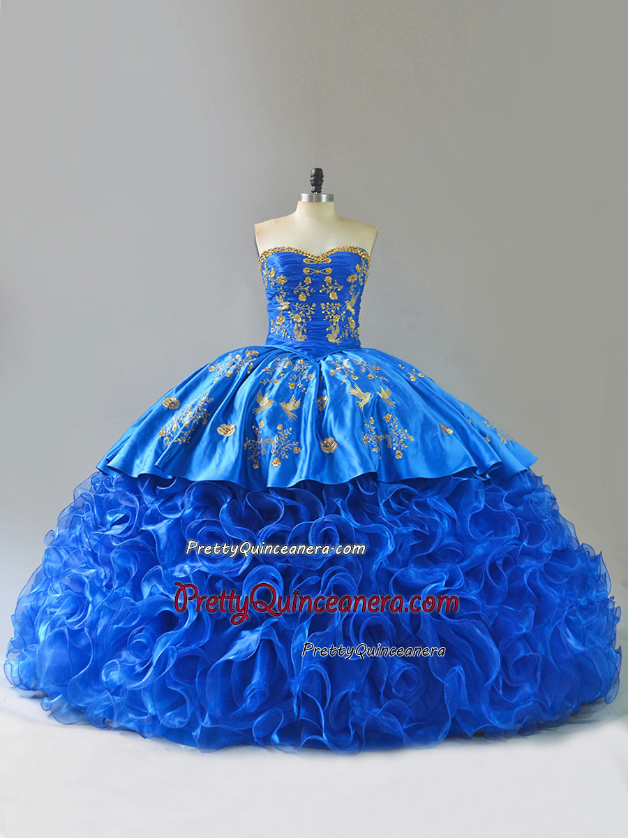 Royal Blue Ruffles Sweetheart Gold Embroidery Western Style Quinceanera Ball Gown