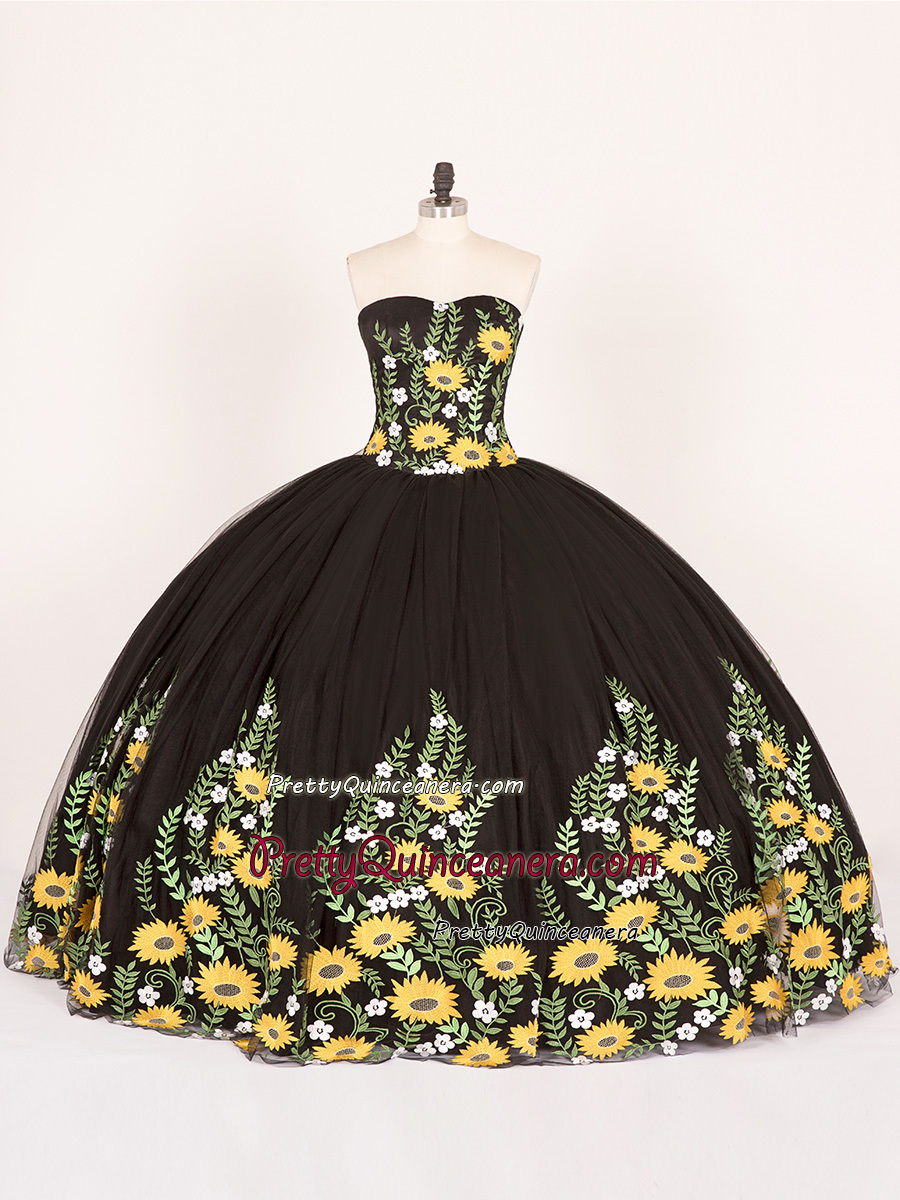 Simple Cheap Black Mexcian Sunflower Embroidered Quinceanera Dresses Charro Sweet 16 Gown