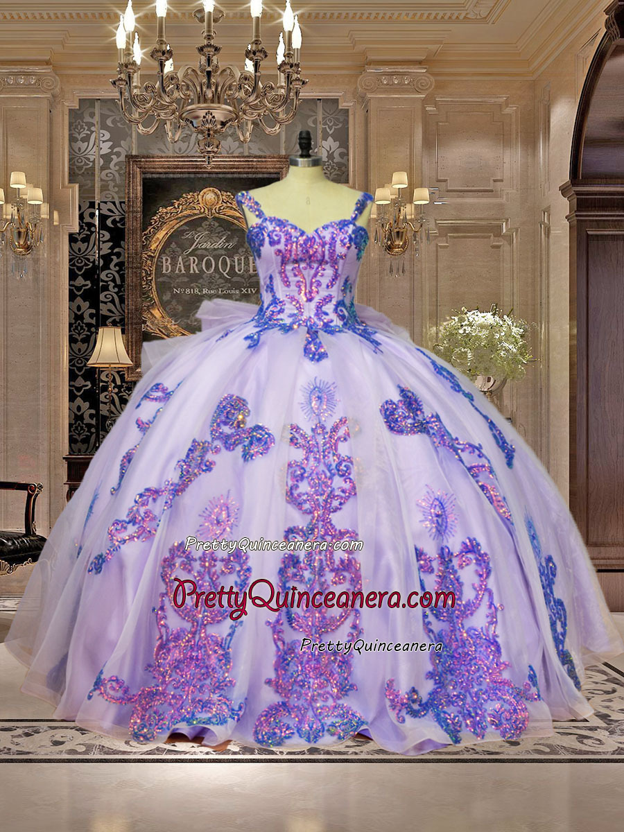 Iridescent Sequin Lilac Bow Back Quinceanera Dress with Corset Bodice Detachable Sheer Sleeves