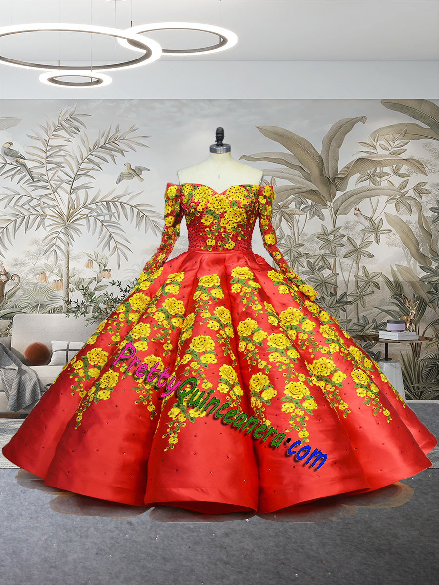 Puffy Red 3D Skirt Off Shoulder Long Sleeves Quinceanera Gown Yellow Flowers