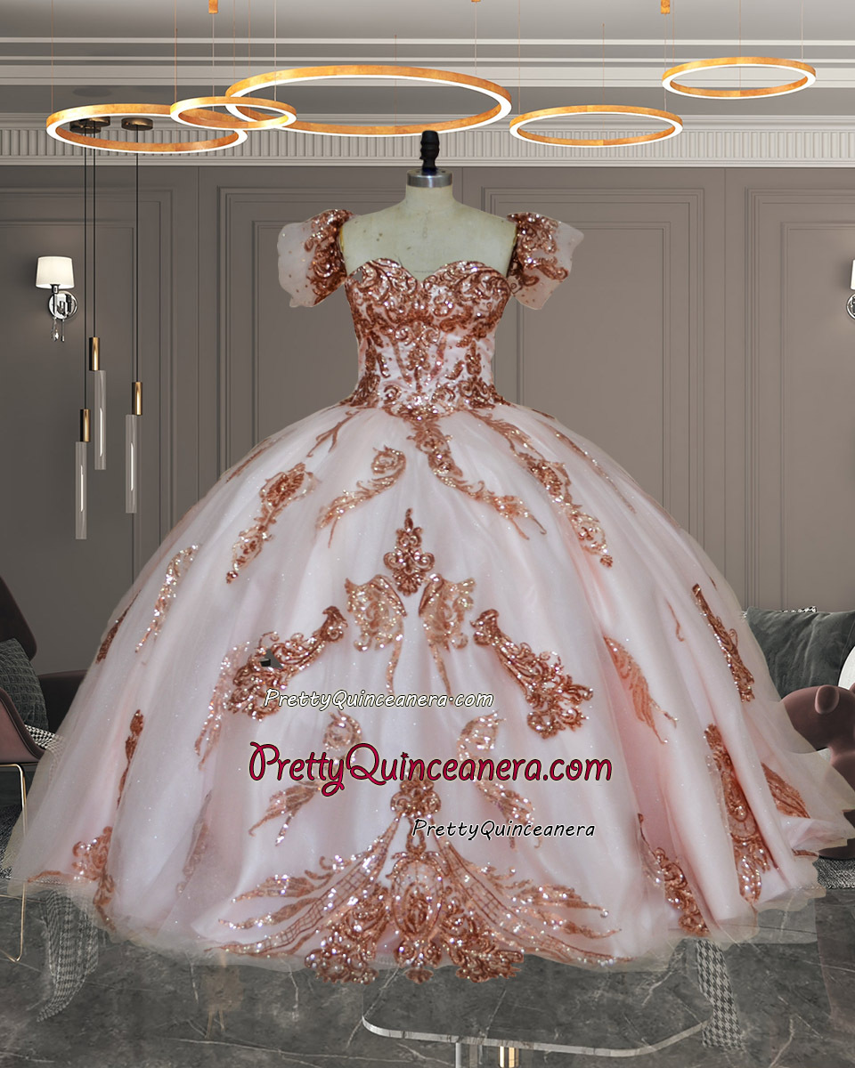 Rose Gold Sequined Pink Sweep Train Quinceanera Dress Detachable Sleeve Vestidos De 15 Años